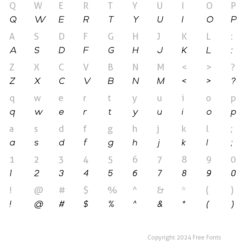 Character Map of Brood Light Italic