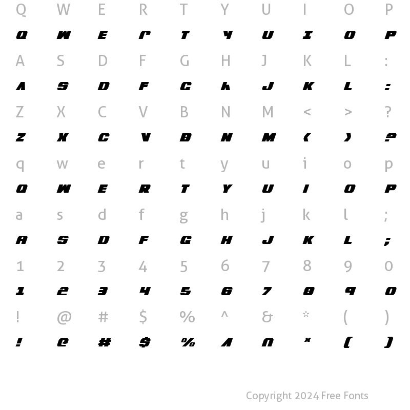 Character Map of Bummer Condensed Italic Condensed Italic