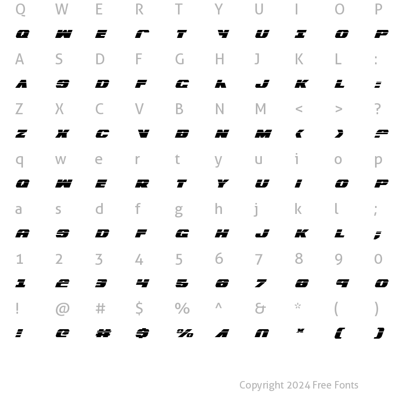 Character Map of Bummer Laser Italic Laser Italic