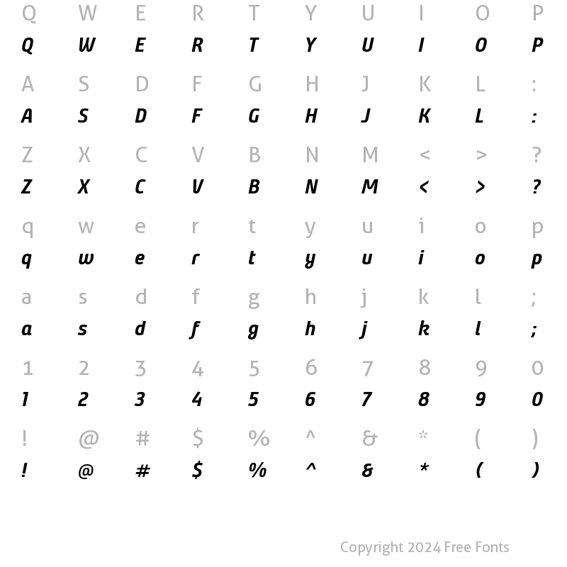 Character Map of Bunday Clean Bold Up Italic