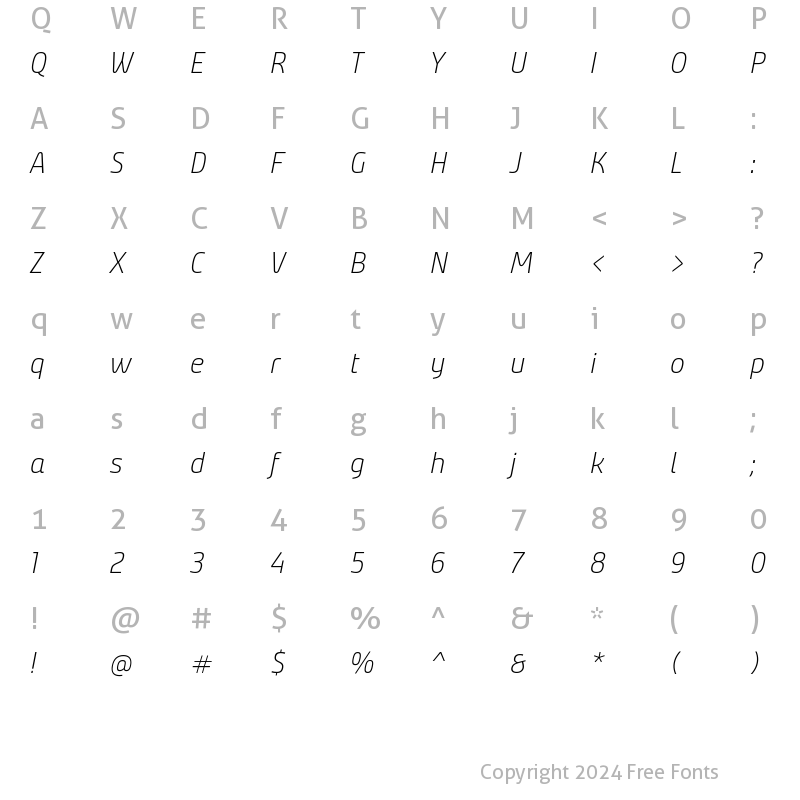 Character Map of Bunday Clean Light Italic