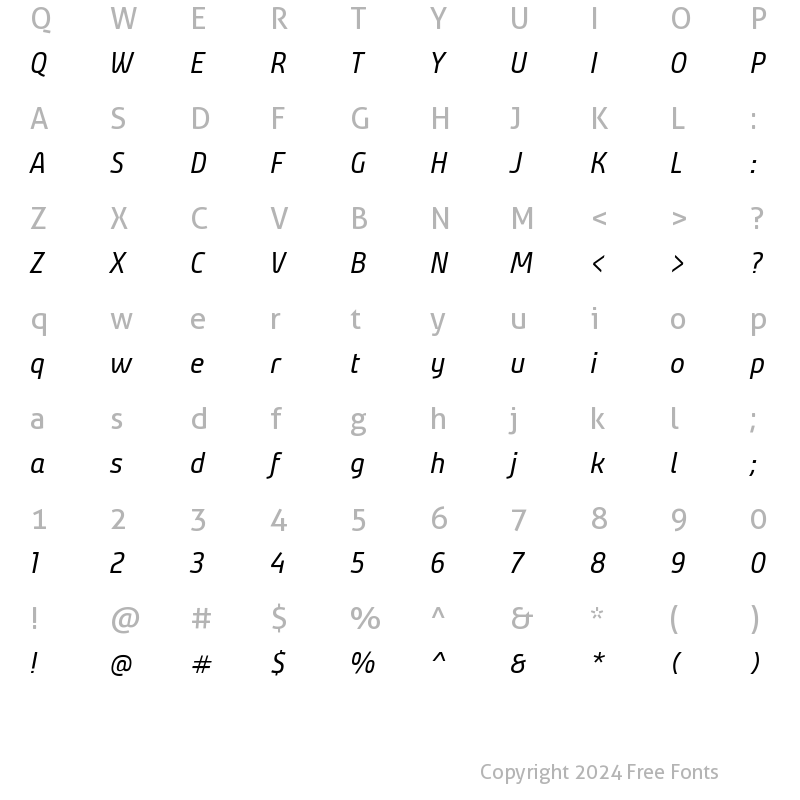 Character Map of Bunday Clean Medium Italic