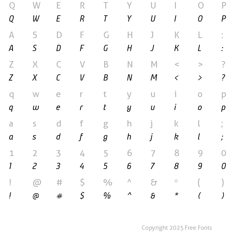 Character Map of Bunday Clean Regular Up Italic