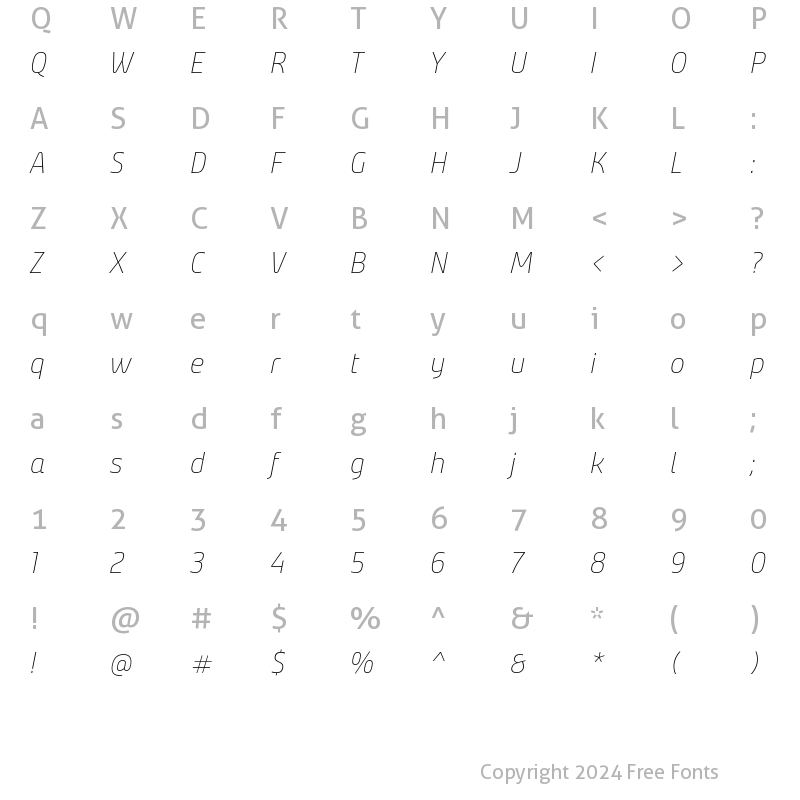 Character Map of Bunday Clean Thin Italic