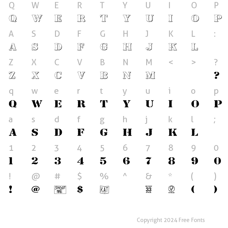 Character Map of Bundy Yellow HollowShadowed HollowShadowed