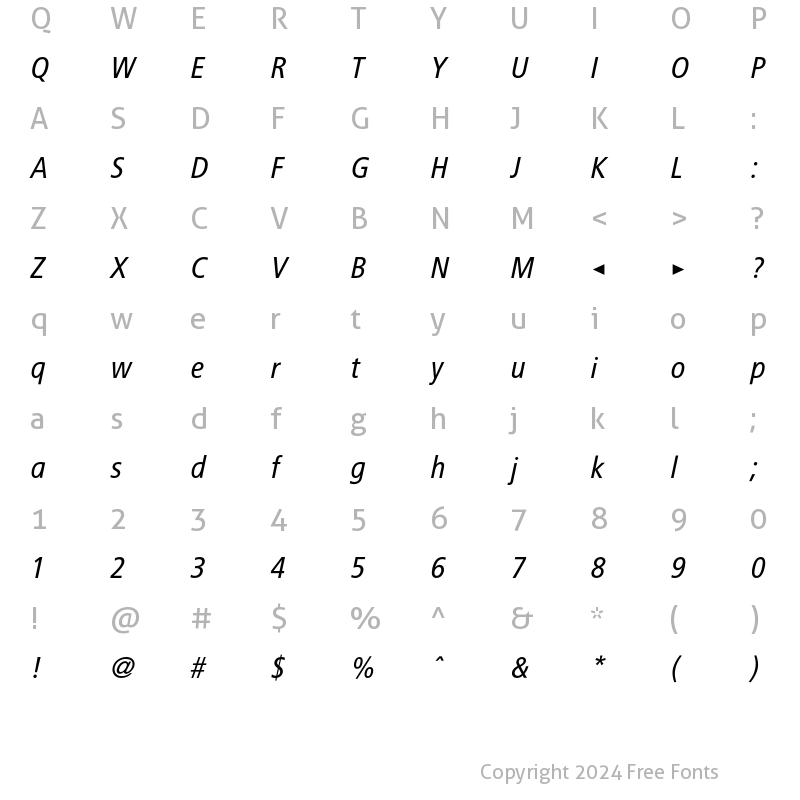 Character Map of BVGNormalKursiv Regular