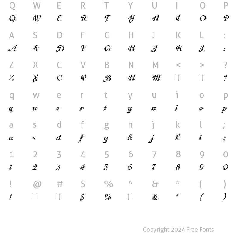 Character Map of Cabarga Cursiva Plain