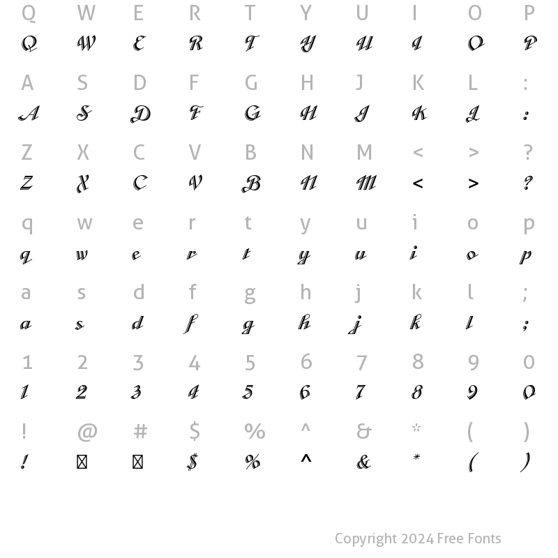 Character Map of Cabarga Cursiva Std Regular