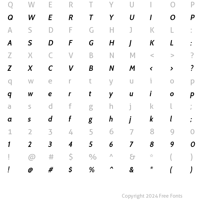 Character Map of Cabin SemiBold Italic