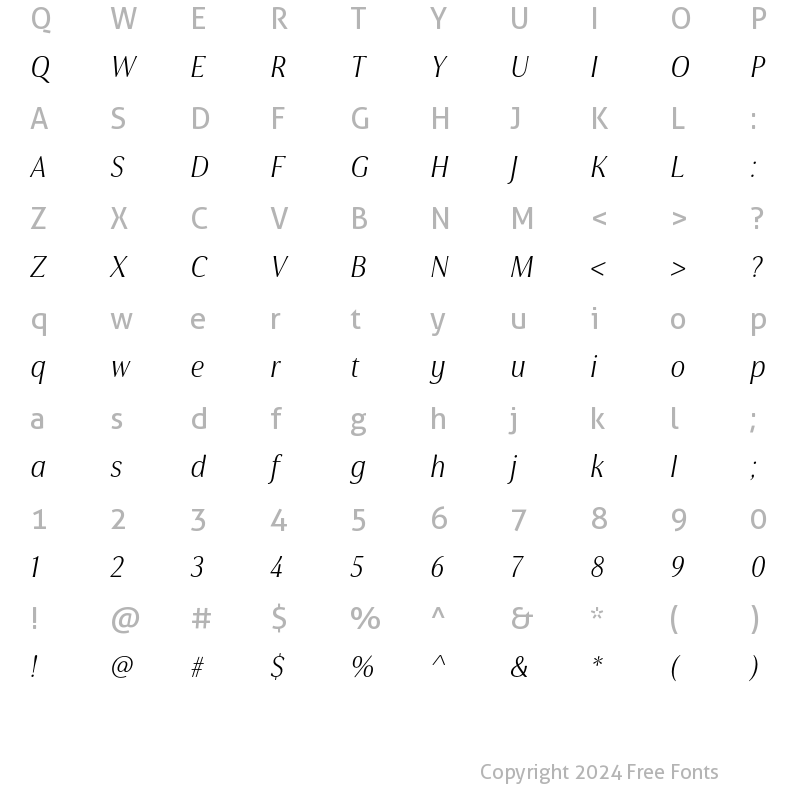 Character Map of Cabrito Flare W03 Book Condensed Italic