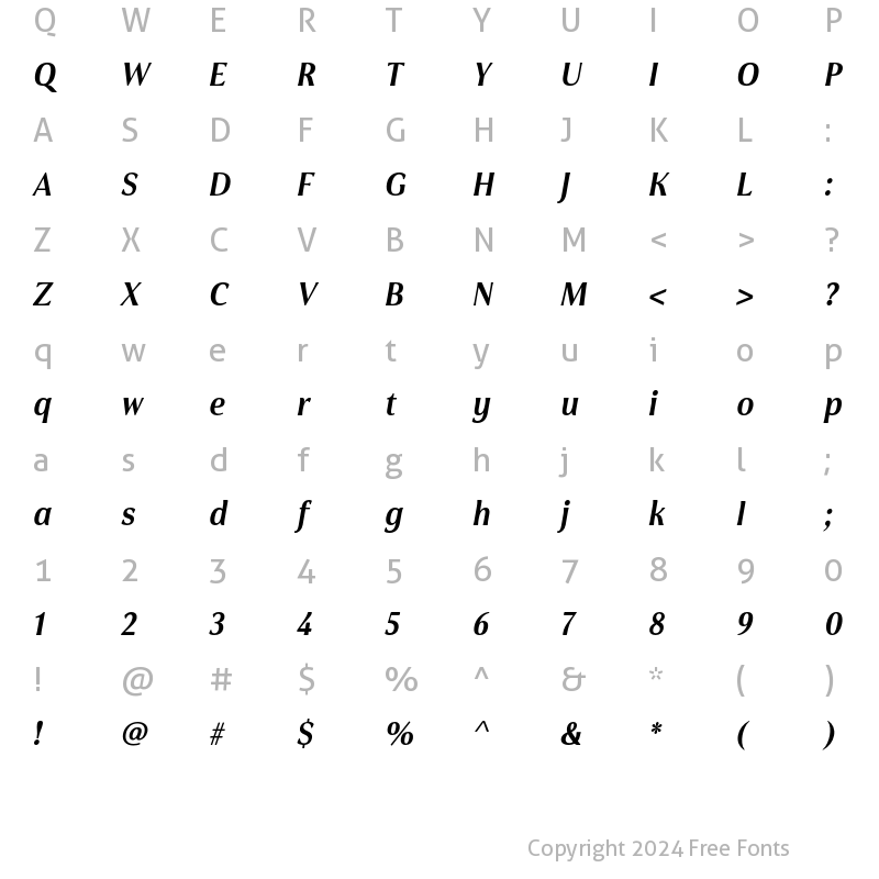 Character Map of Cabrito Flare W05 E ExtraBold Condensed Italic