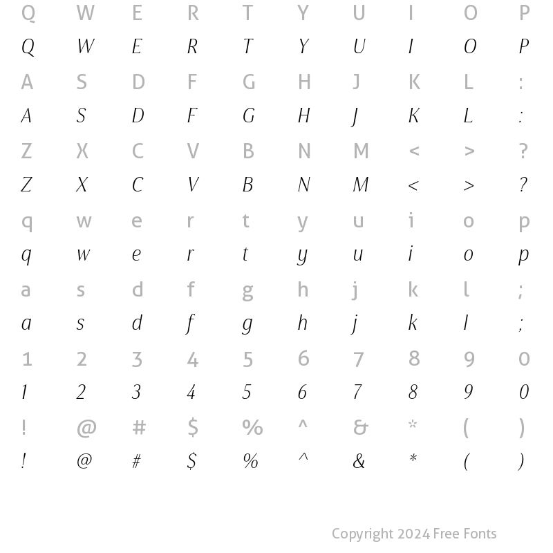 Character Map of Cabrito Flare W05 Light Condensed Italic