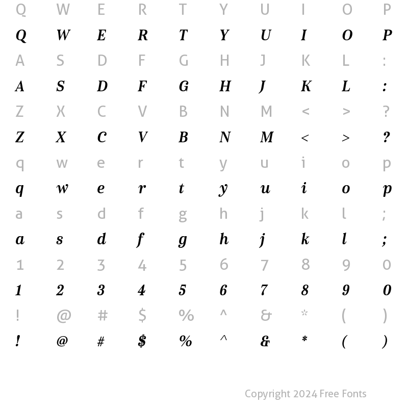 Character Map of Cabrito Serif W05 E ExtraBold Condensed Italic