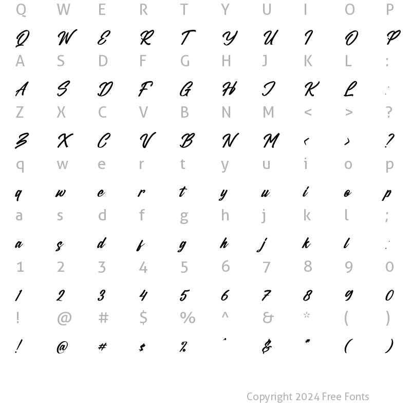 Character Map of Caligature Hunters Italic