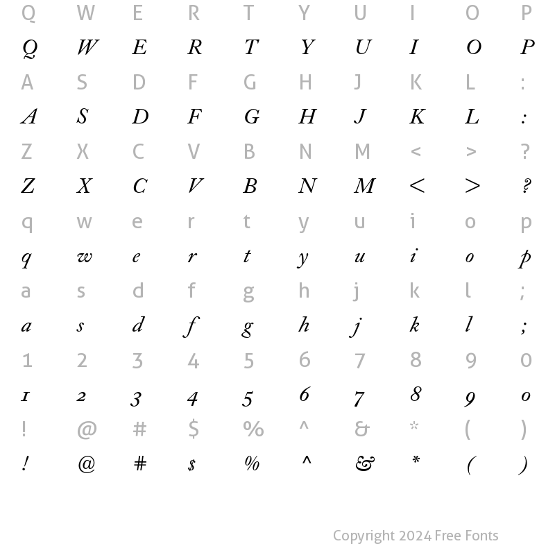 Character Map of Caslon Book BE Oldstyle Figures Italic