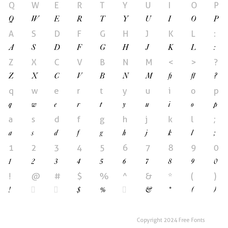 Character Map of Caslon Italic Plain Regular