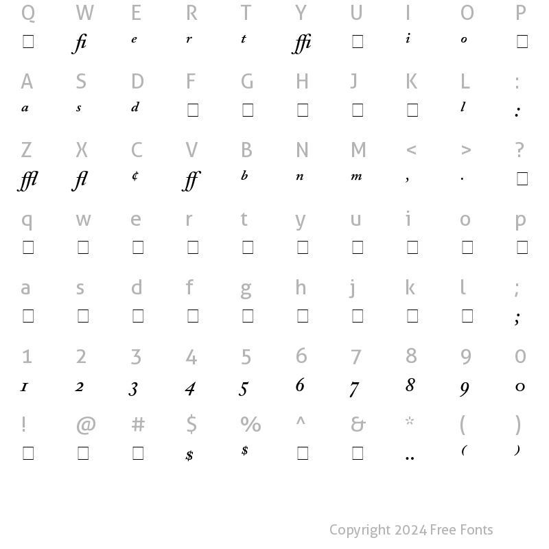 Character Map of Caslon Pro SSi Semi Bold Italic