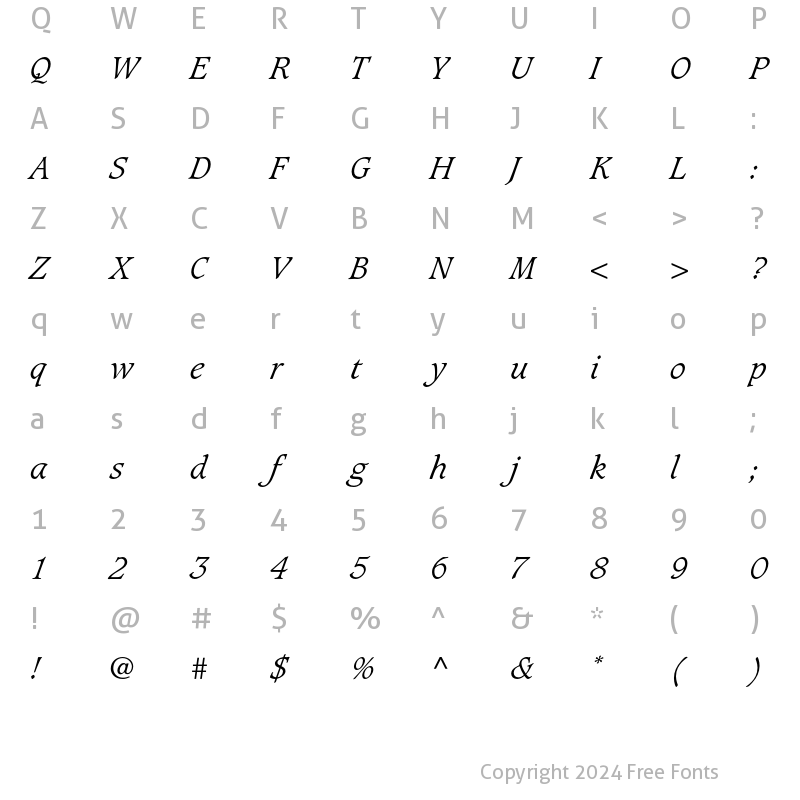 Character Map of Caxton Light Italic