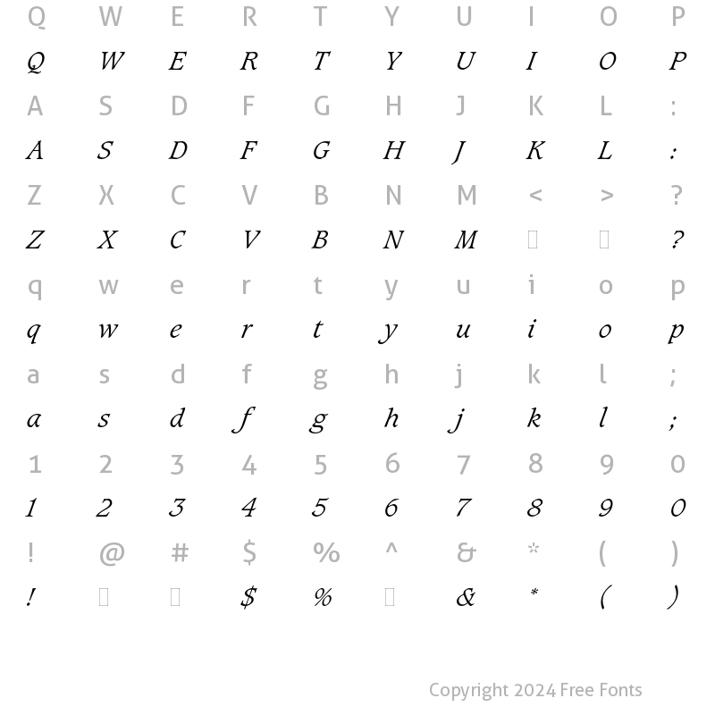 Character Map of Caxton Light Italic Plain Regular