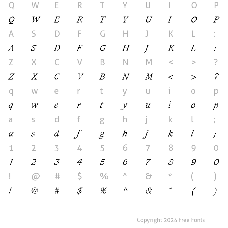 Character Map of Caxton LT Light Italic