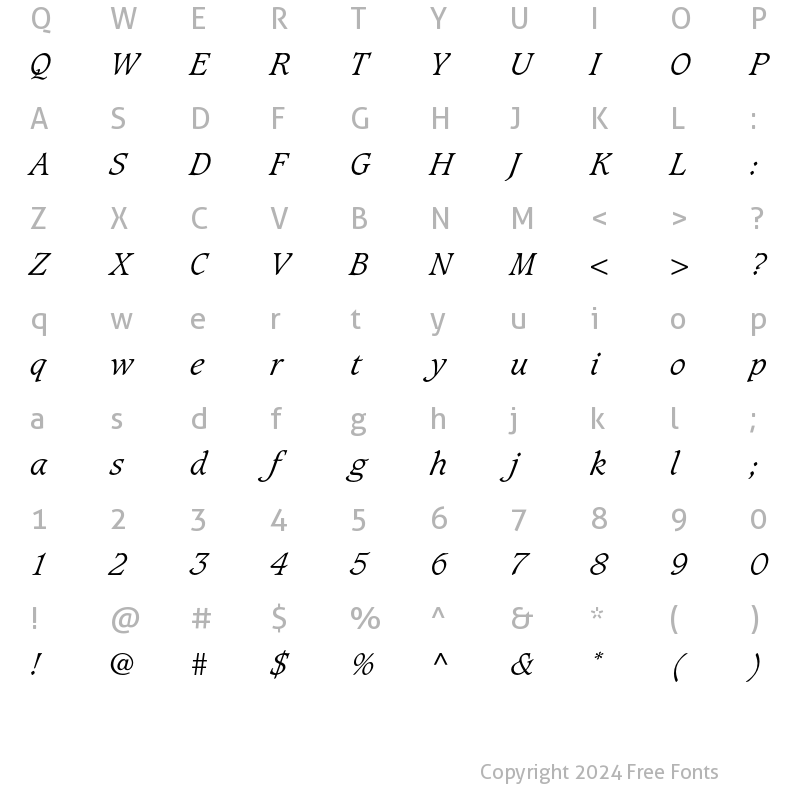 Character Map of Caxton Std Light Italic