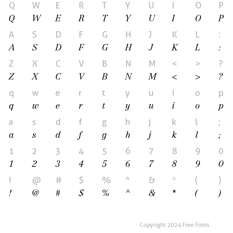 Character Map of Centennial LT Std 46 Light Italic