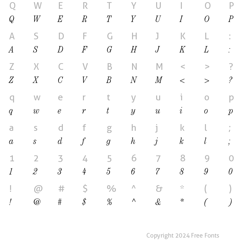 Character Map of Century Light Condensed SSi Light Condensed Italic