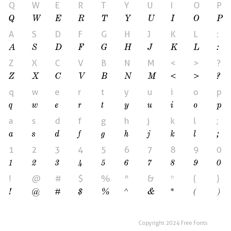 Character Map of Century MT Std Italic