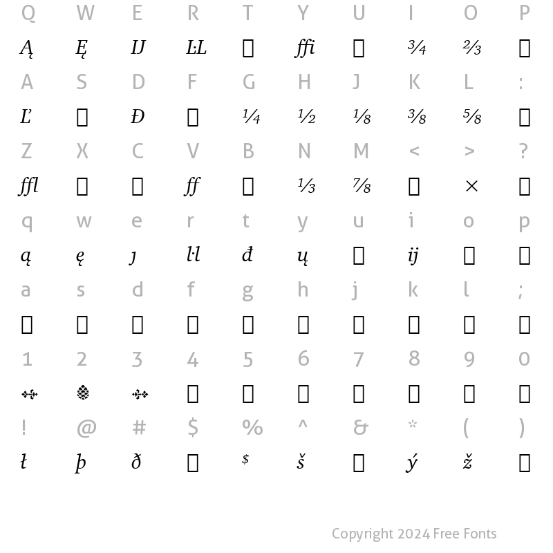 Character Map of Charter Ext BT Italic Extension