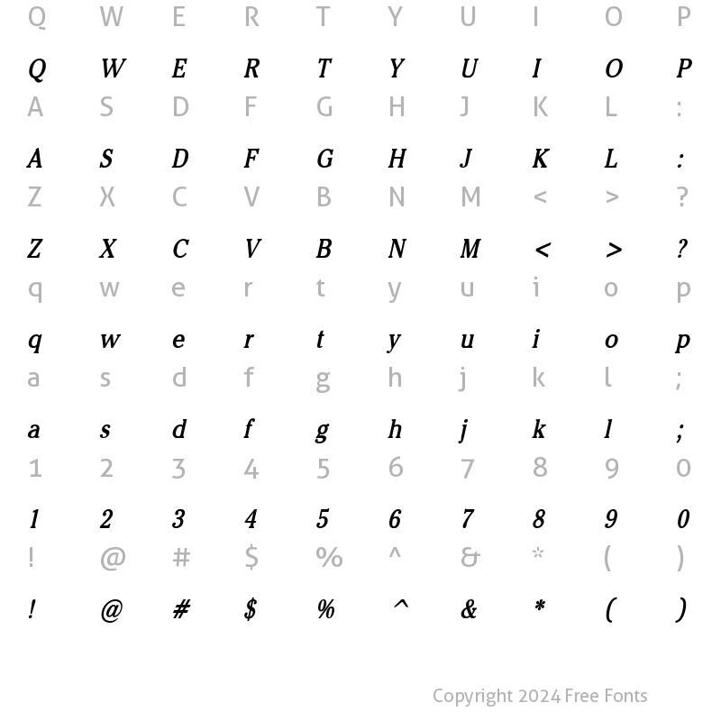 Character Map of Chelsey Condensed Bold Italic