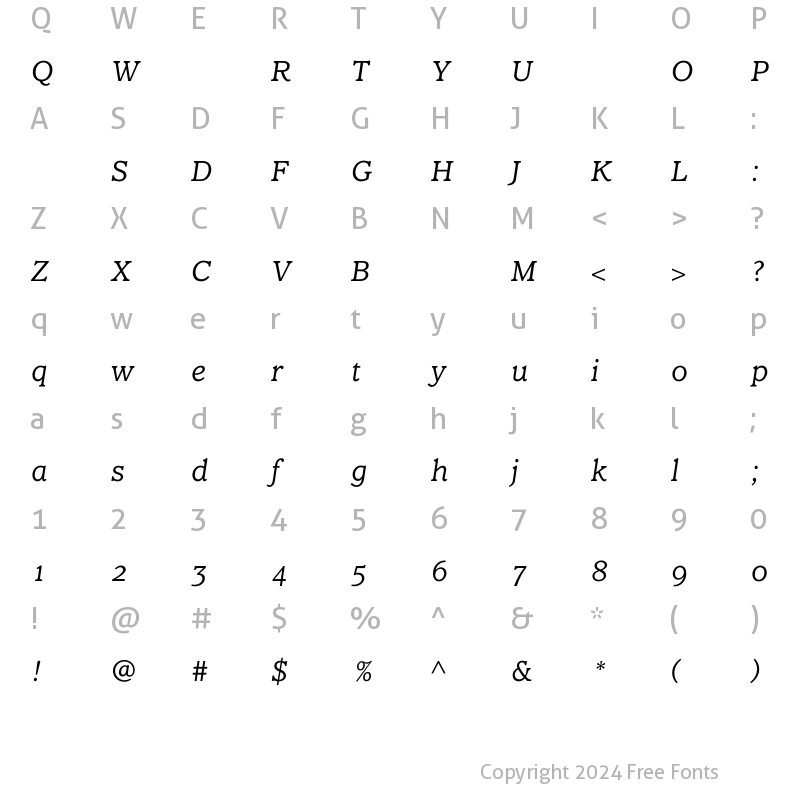 Character Map of ClaremontLightItalicOS Regular