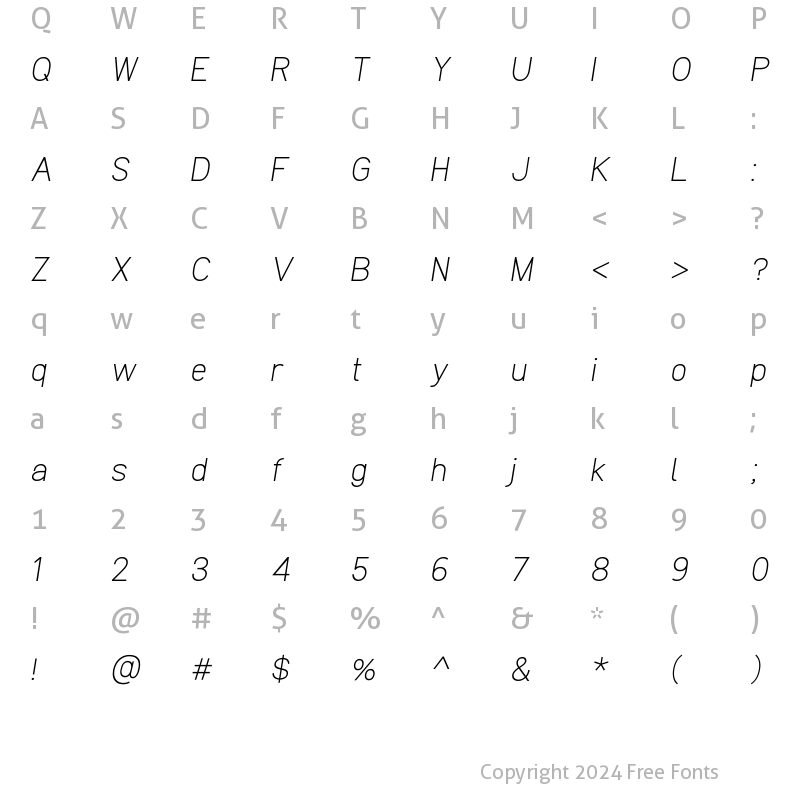 Character Map of Clarity Nuvo Light Italic