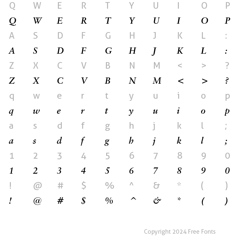 Character Map of Classical Garamond Bold Italic
