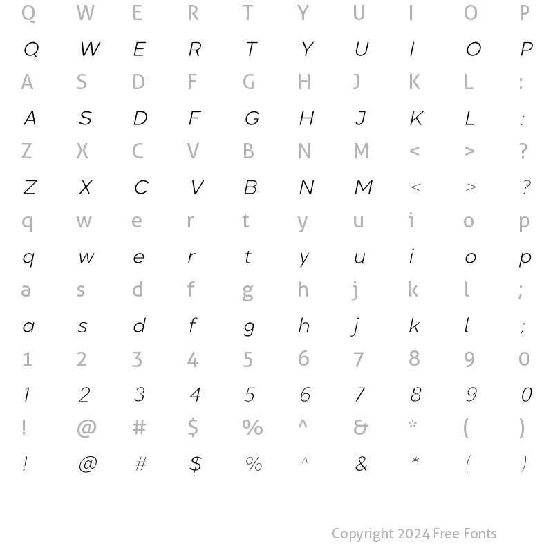 Character Map of Colasta Thin Italic