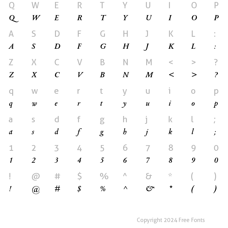 Character Map of Columbus MT Std Semibold Italic