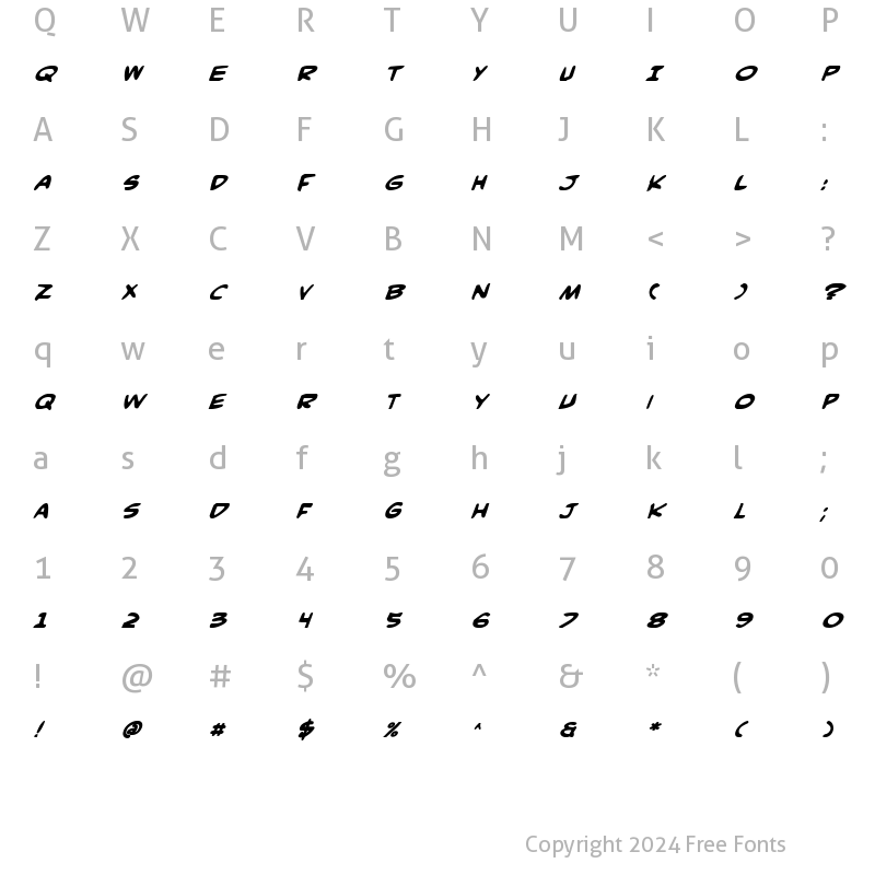 Character Map of Comic Book Commando Bold Italic Bold Italic