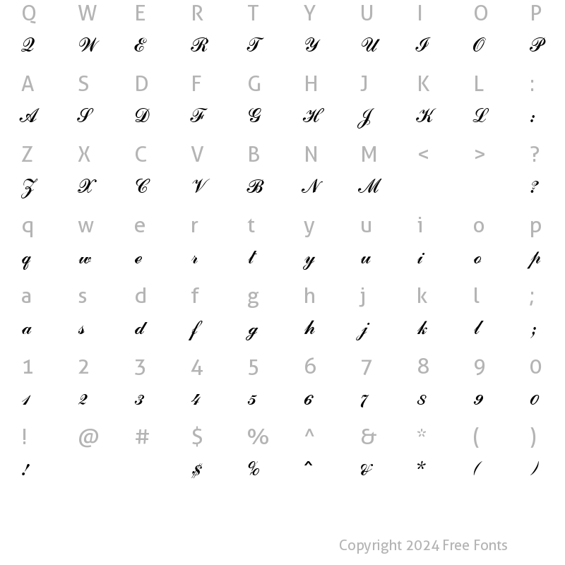 Character Map of Commercial Script MN Regular