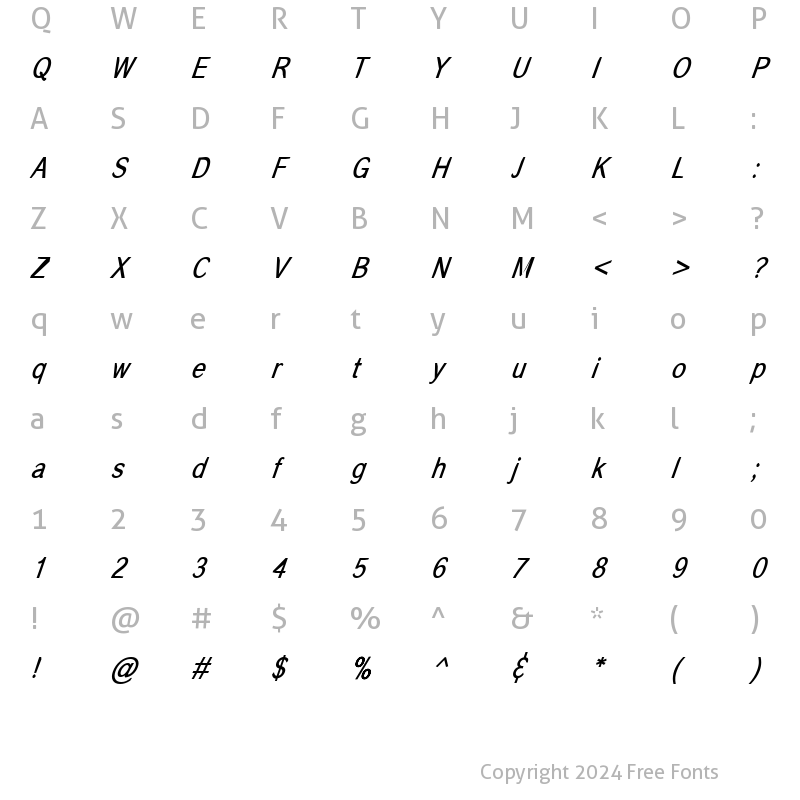Character Map of Corona Italic Regular