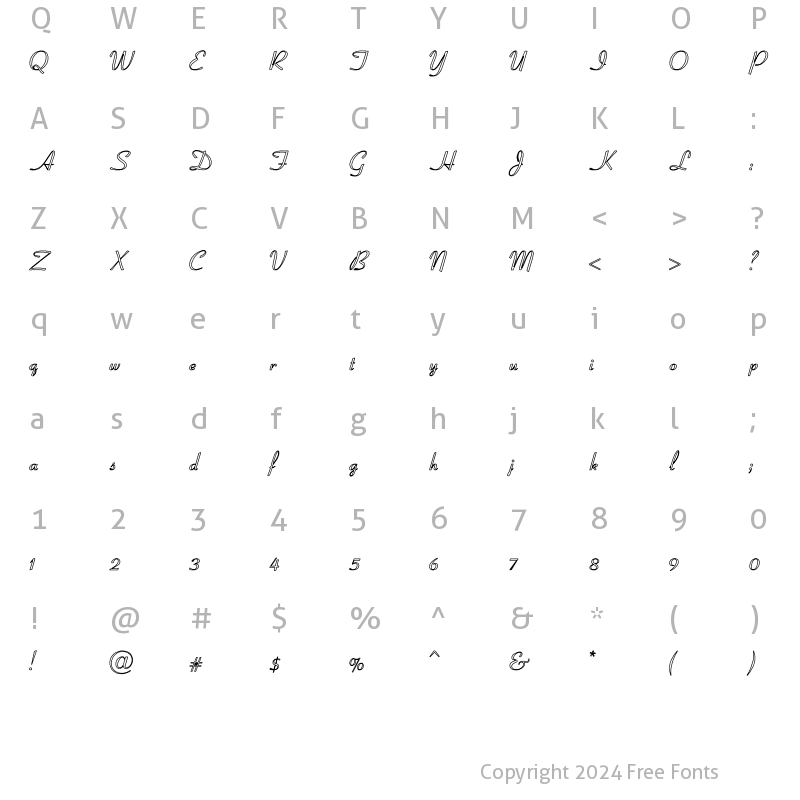 Character Map of Coronet-SemiBold-Italic Ho Regular