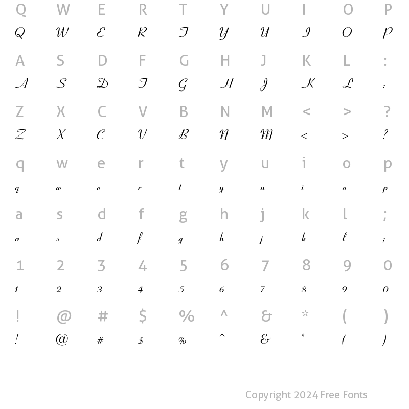 Character Map of Coronet-SemiBold-Italic Regular