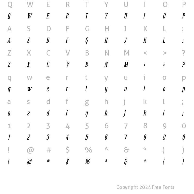 Character Map of Covington Cond Bold Italic