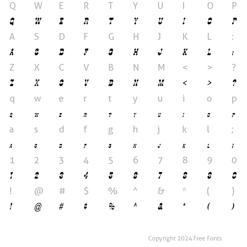 Character Map of Cowboy Thin Italic