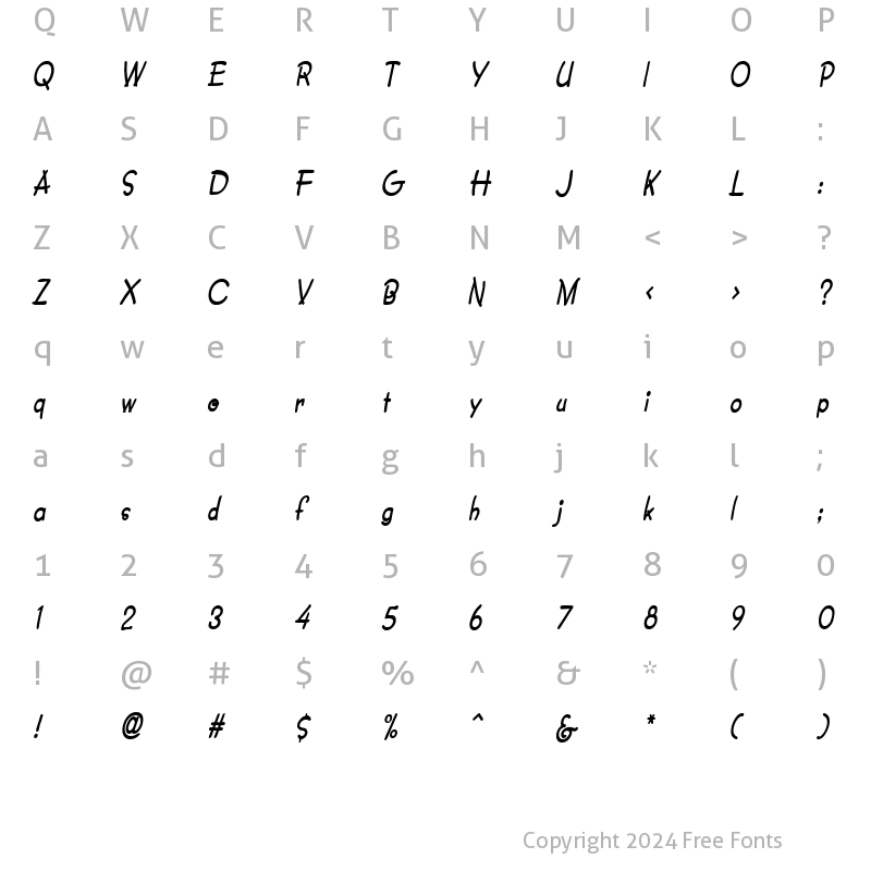 Character Map of Crayon-Condensed Bold Italic