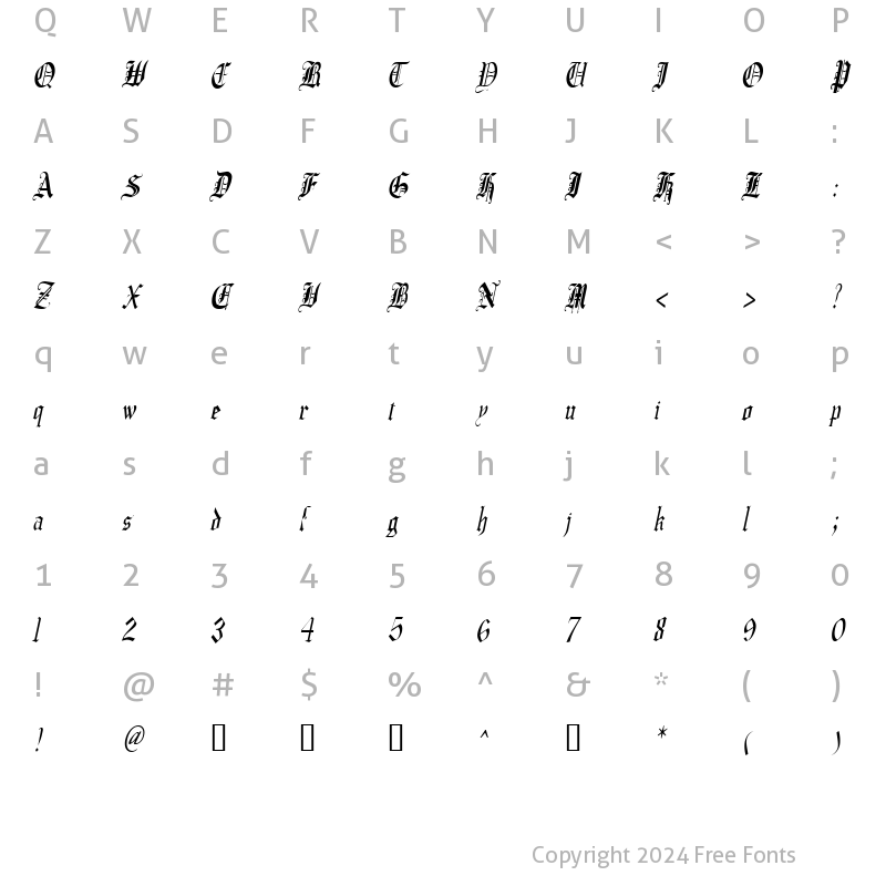 Character Map of CrusaderGothicCondensed Italic