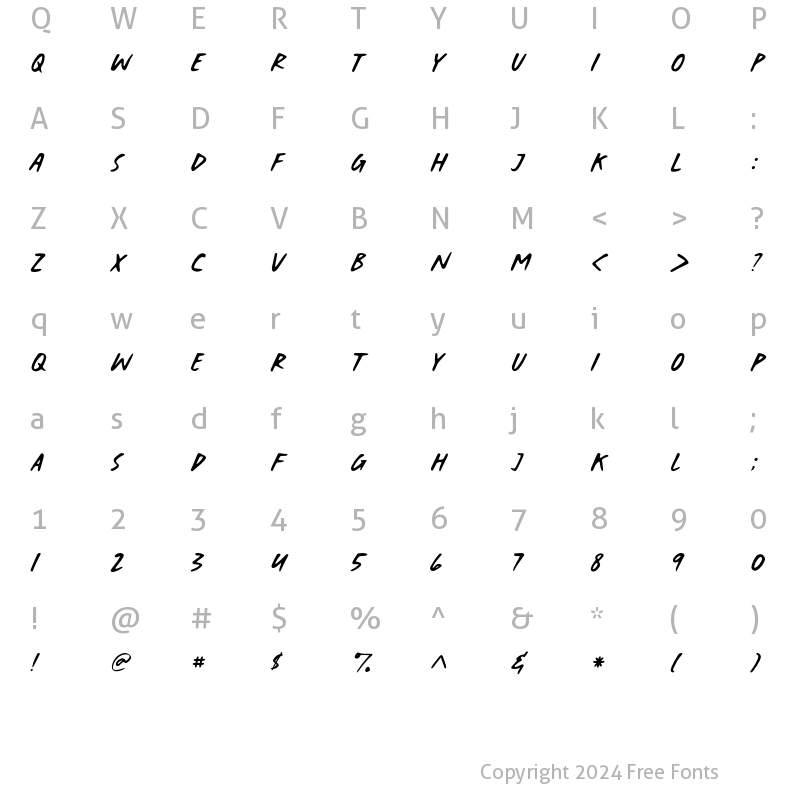 Character Map of Crystal Snowfields Slant Regular