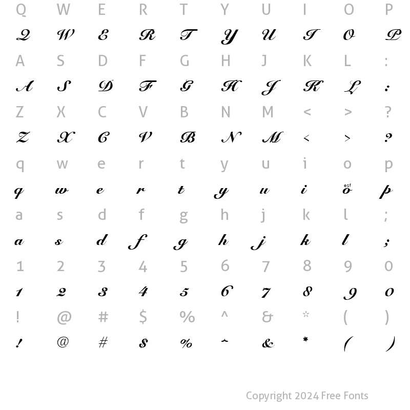 Character Map of Cursive Elegant Regular