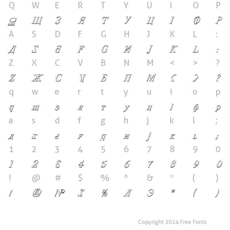 Character Map of Cyberia Shadow Italic Shadow Italic