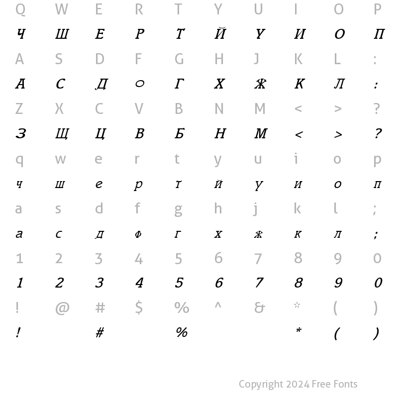 Character Map of Cyrillic Italic