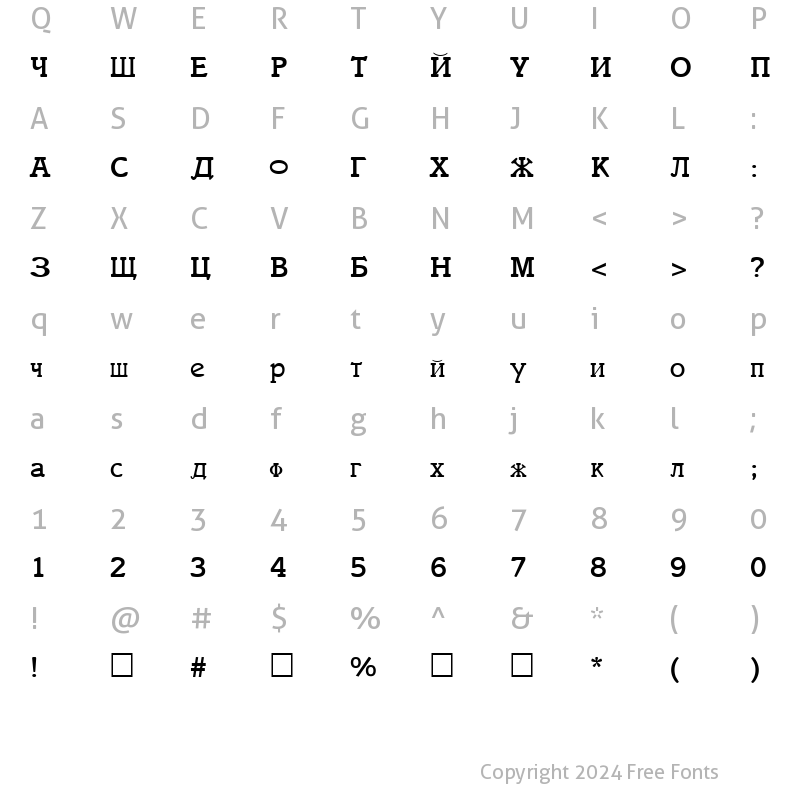 Character Map of Cyrillic Regular