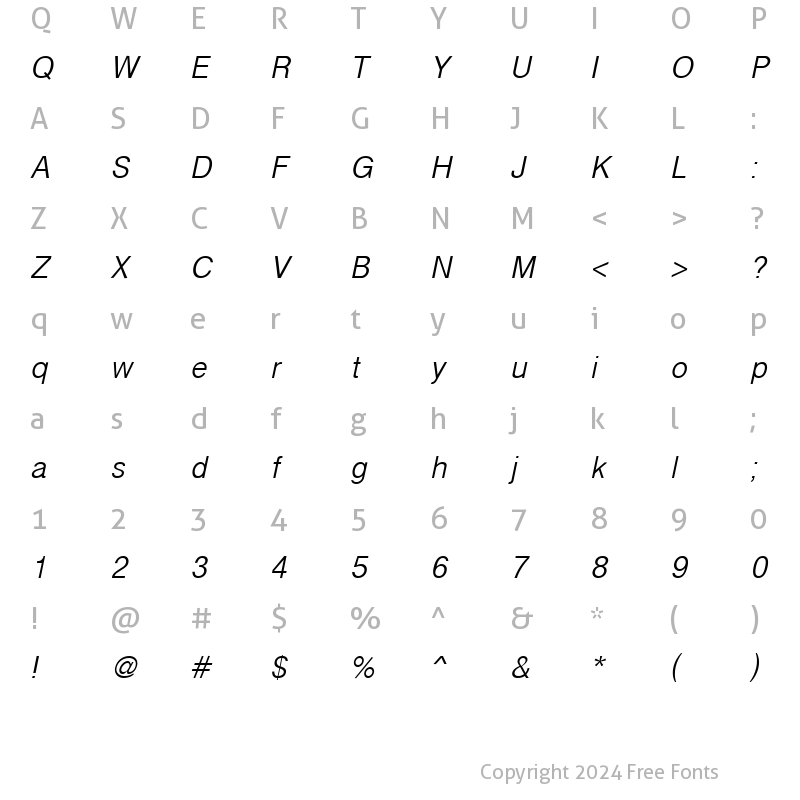 Character Map of Cyrvetica Extra Light Oblique